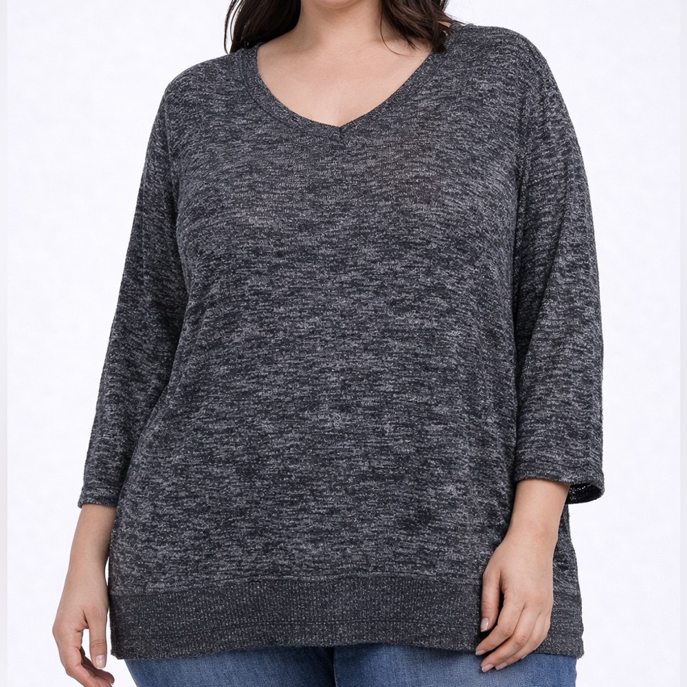 Chicos Womens Charcoal Heather V-Neck Sweater Soft Knit Minimalist
